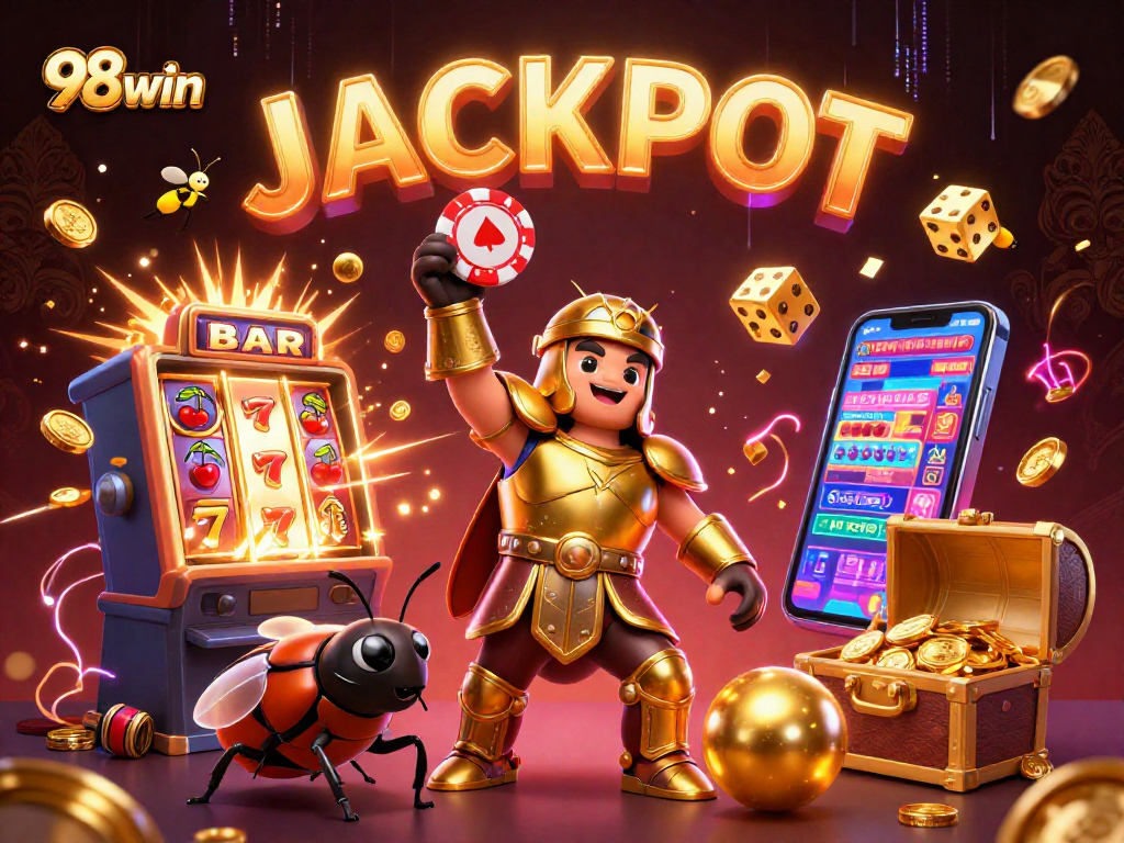 Experience thrilling wins at 98win with an engaging 3D casino scene showcasing luck and excitement.