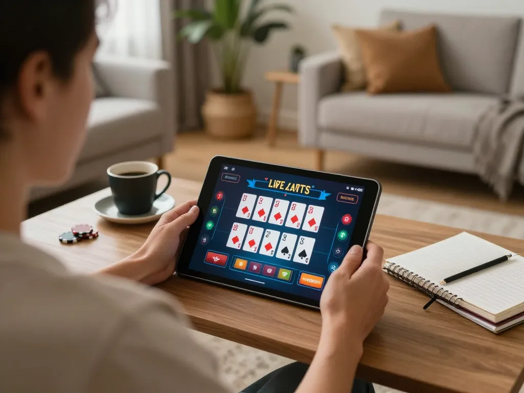 b52club player engages with online gambling interface on tablet in cozy home setting