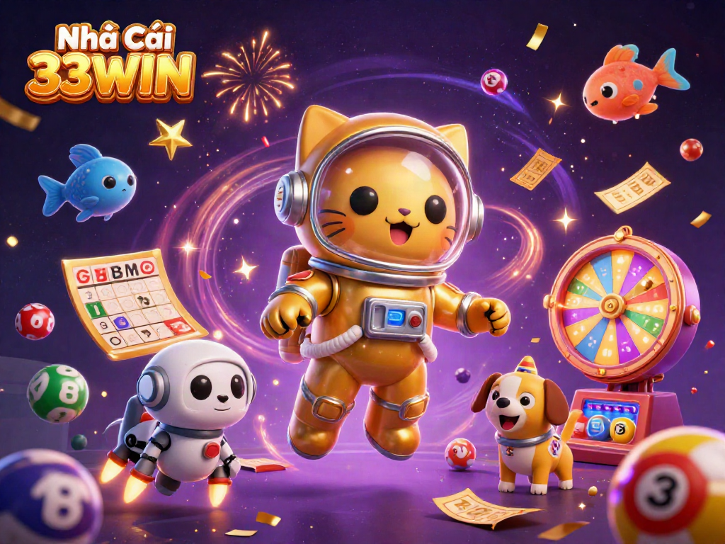 Engaging 3D scene of Nhà Cái 33WIN with astronaut cat, robot dog, and colorful gaming elements