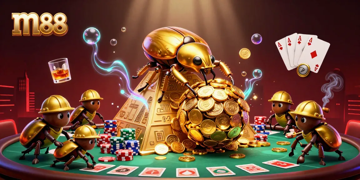 m88's golden beetle rolls coins up a pyramid in a vibrant online casino scene.