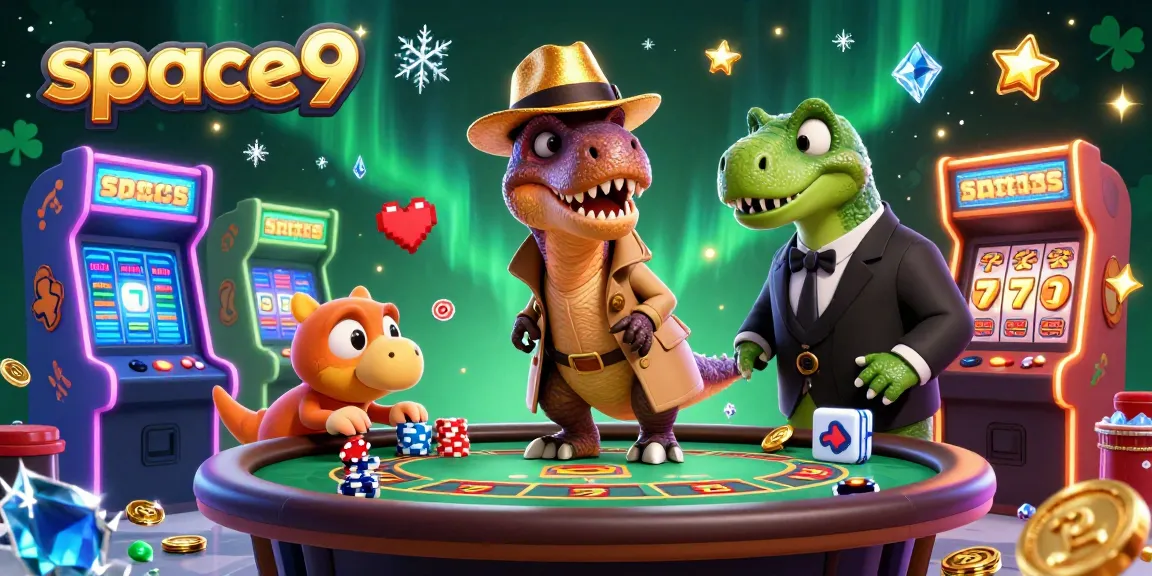 Space9 casino illustration depicts a velociraptor card counter at a blackjack table amidst vibrant gaming elements.