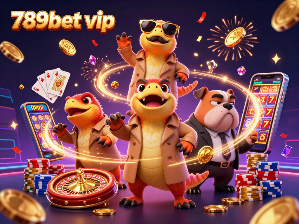 Immerse in 789bet vip with raptors in trench coats entering a casino, surrounded by golden coins and rich game elements.