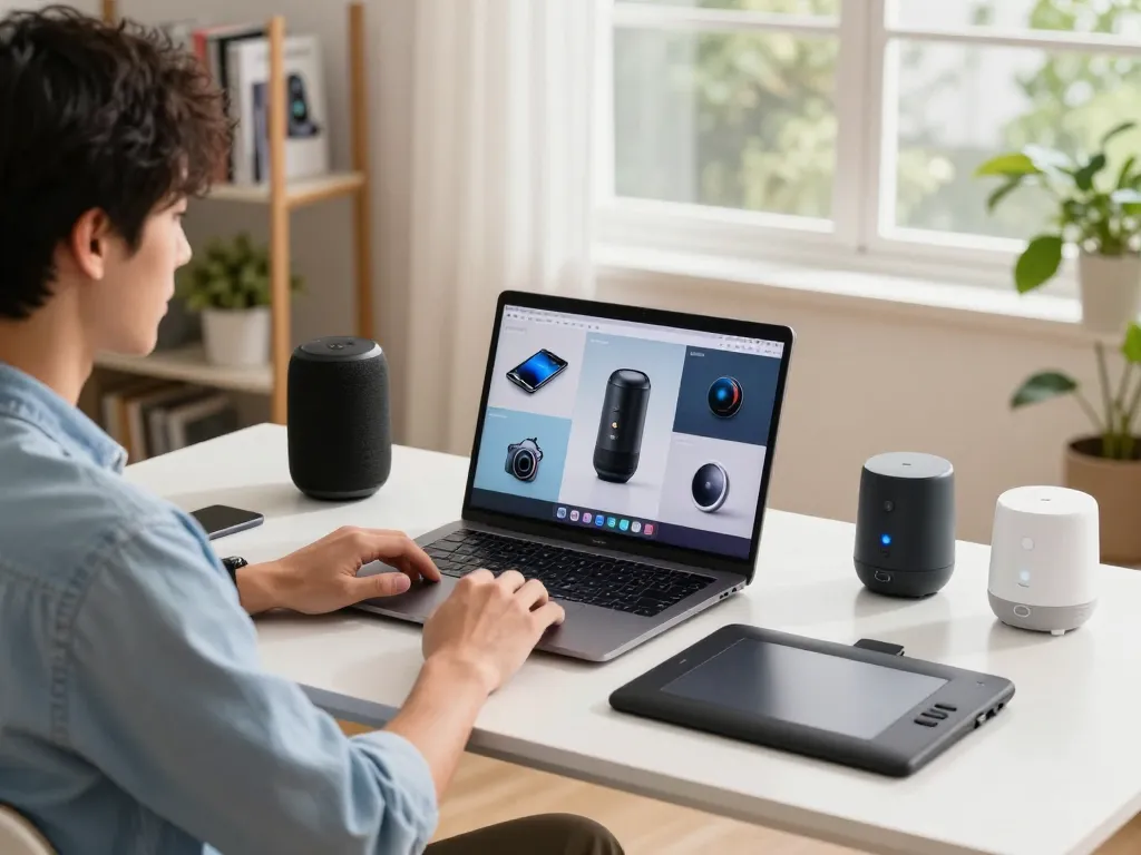 Explore unique tech gadgets in an innovative workspace filled with smart devices and a creative setup.