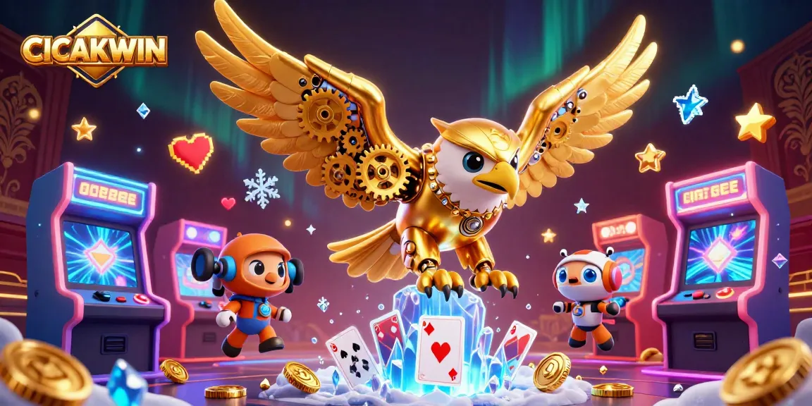 CICAKWIN engages players with a thrilling 3D casino adventure featuring a golden eagle and game elements.