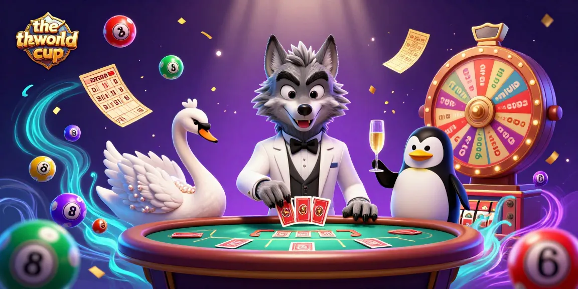 Engaging scene of theworldcup celebration with cartoon wolf, swan, and penguin at a vibrant casino setting.