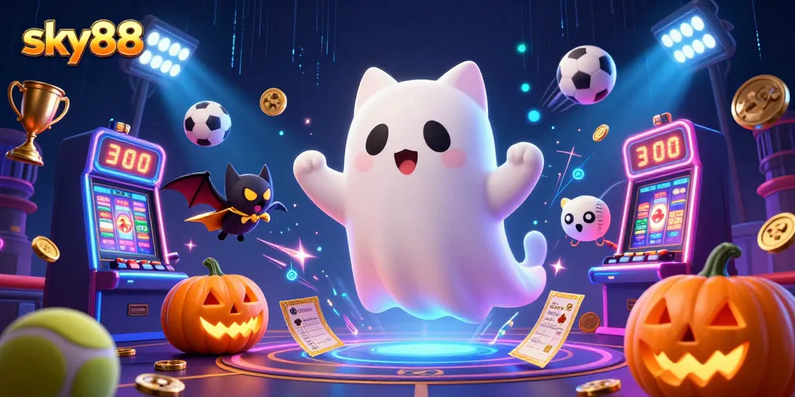 Engage with thrilling gaming experiences at sky88 with ghostly characters and vibrant casino elements.