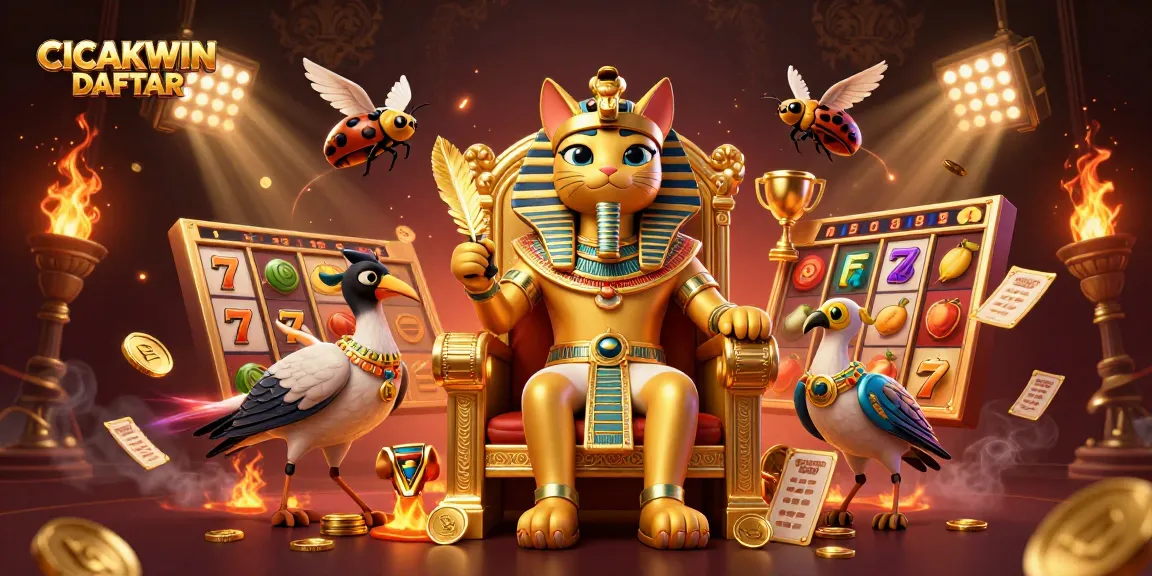 CICAKWIN DAFTAR showcases an Egyptian pharaoh cat in a lavish casino setting with slot reels and gold coins.
