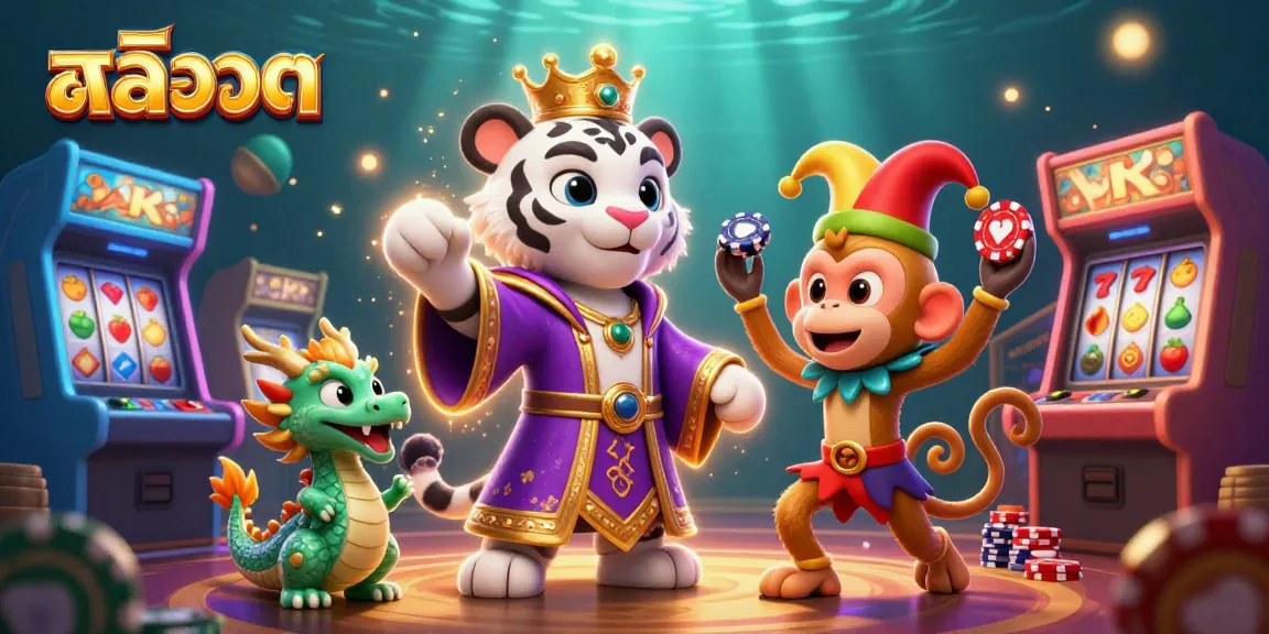 Play สล็อต with the vibrant characters in a dynamic casino-themed illustration, highlighting unique game elements.