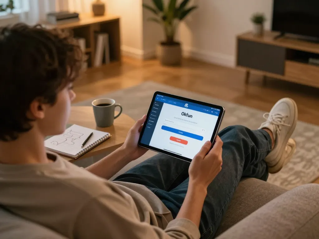 Engaging in okfun đăng nhập online gambling from a cozy home setup, featuring tablet and strategy notes.