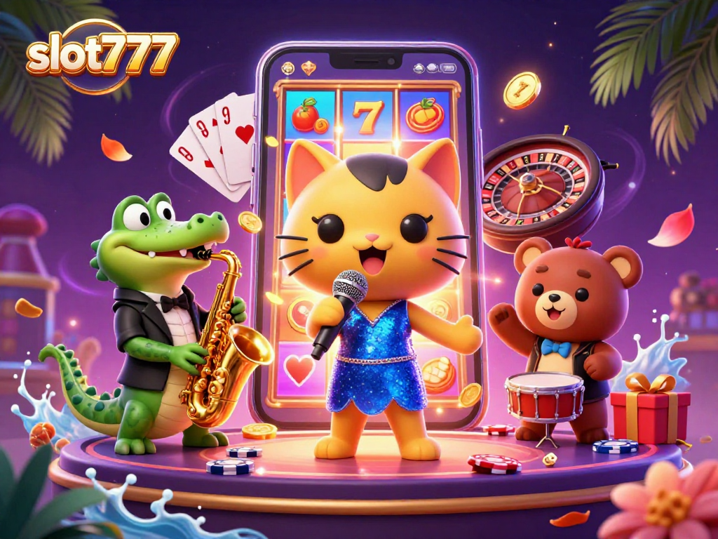 Experience the vibrant energy of slot777 with playful characters and dazzling casino elements in a dynamic 3D scene.