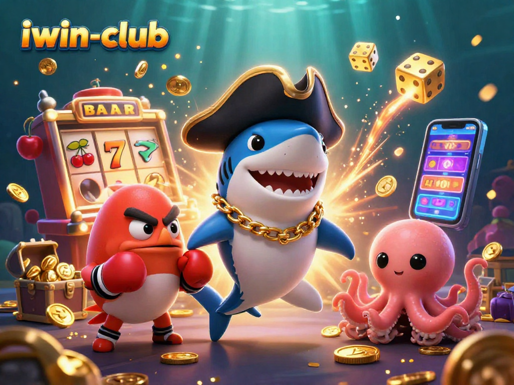 Join the fun at iwin-club with a dazzling 3D casino scene featuring a shark, pufferfish, and octopus.