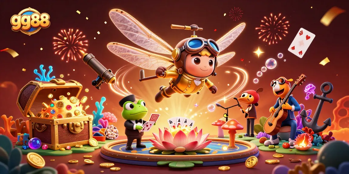 Experience thrilling gaming at gg88 with a dragonfly pilot, frog dealer, and exciting casino elements.