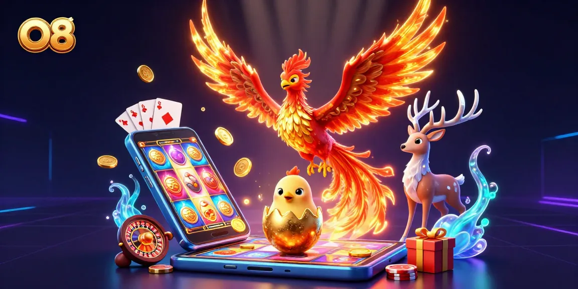 Spin the reels and win with O8’s vibrant casino illustration featuring lively characters.