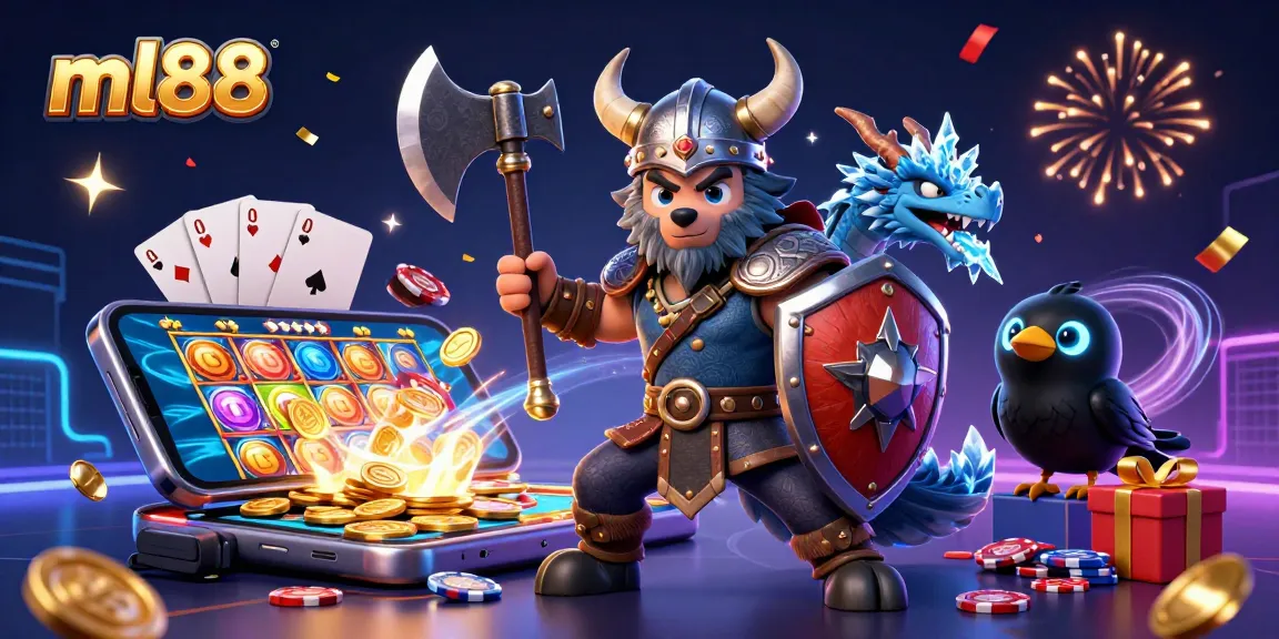 Win big with ml88 at an exciting 3D casino featuring a Viking warrior and dragon.
