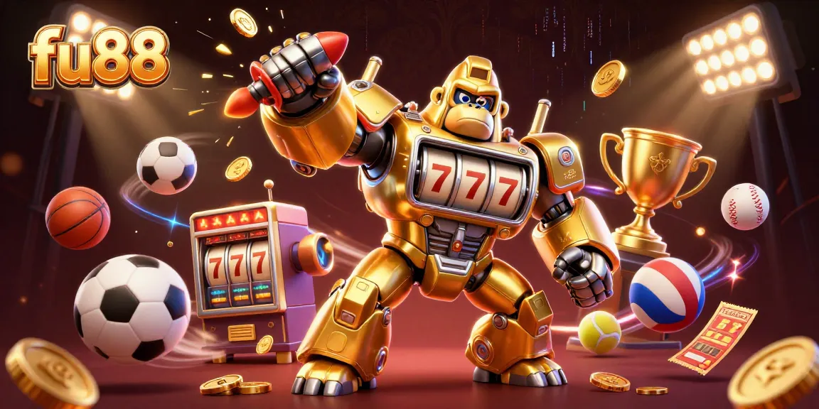 Join the excitement at fu88 with a golden gorilla mech and dynamic sports elements in action.