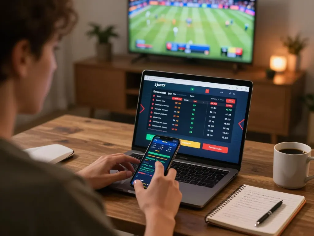Gambling on jus77 platform with live odds in a cozy home office.