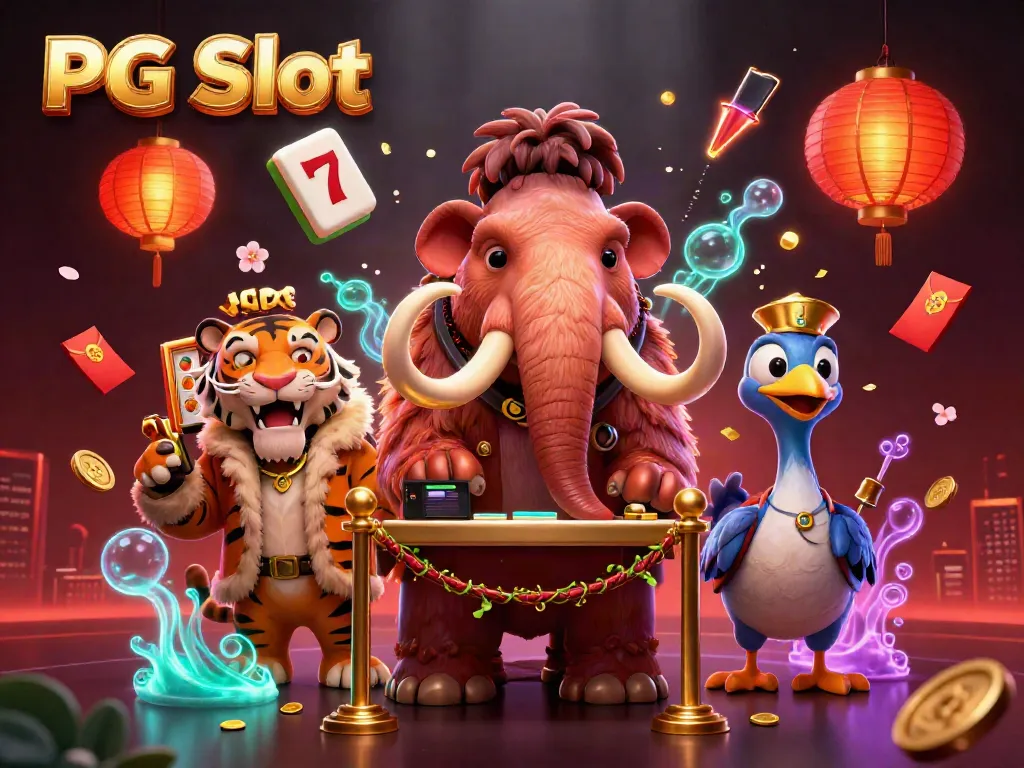 Experience the thrilling atmosphere of PG Slot with a mammoth bouncer, saber-tooth VIP, and festive casino elements in a vibrant scene.