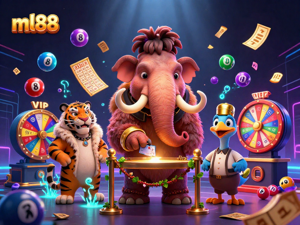 Experience thrilling games at ml88 with vibrant lottery balls, a woolly mammoth bouncer, and dynamic casino elements.