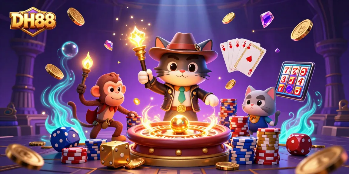 Engage with DH88's exciting casino experience in a vibrant 3D scene featuring an archaeologist cat.