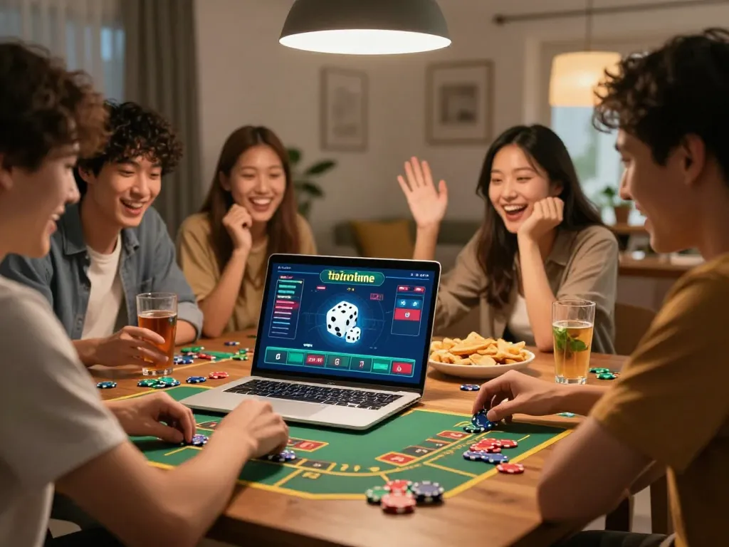 Tai Xiu Online gameplay action with friends engaged and laptop displaying taixiuonline