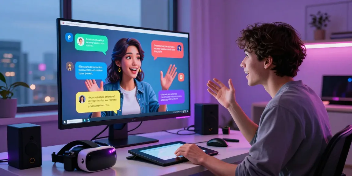 Engaging user interacting with ai nsfw character in a modern virtual workspace