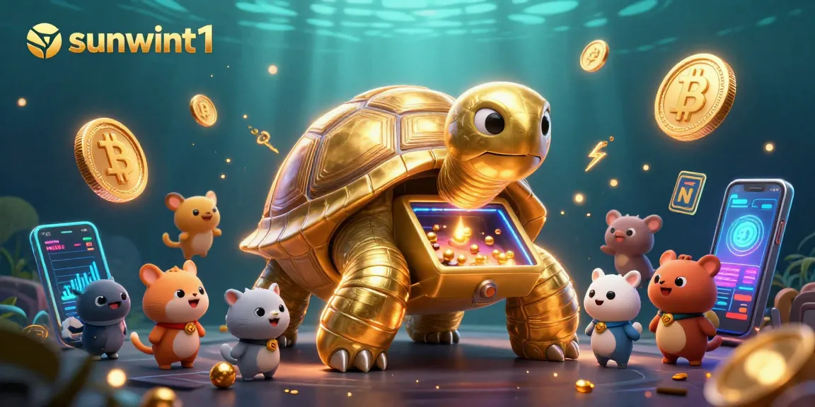 Engage with the colorful world of sunwint1 featuring a vibrant casino scene with a golden tortoise and crypto elements