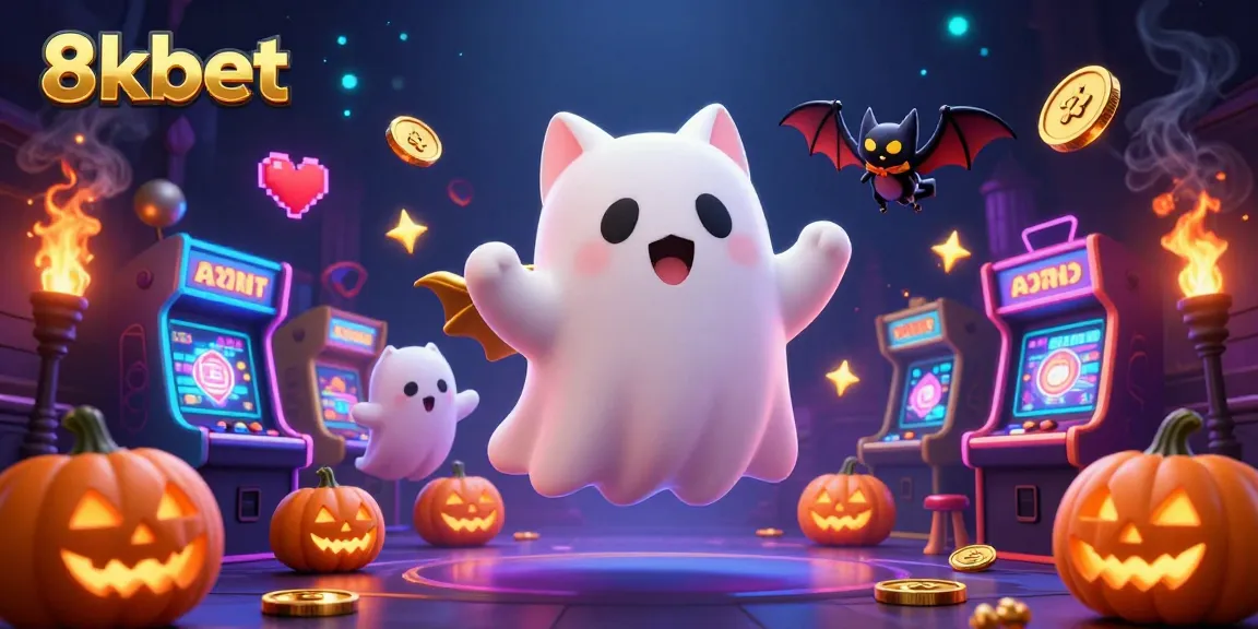 Immerse in 8xbet's magical haunted casino with a ghost cat and vampire bat in action.