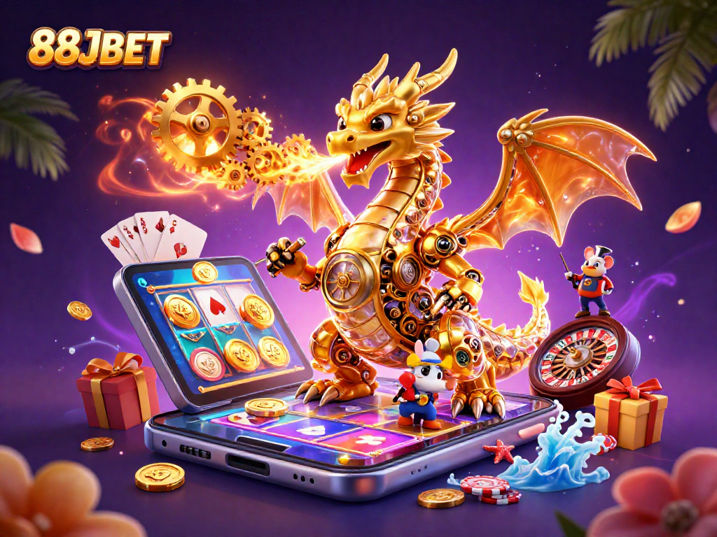 Experience the thrill of 88JBET as the golden dragon and mouse engineer ignite winning adventures in this vibrant 3D scene.