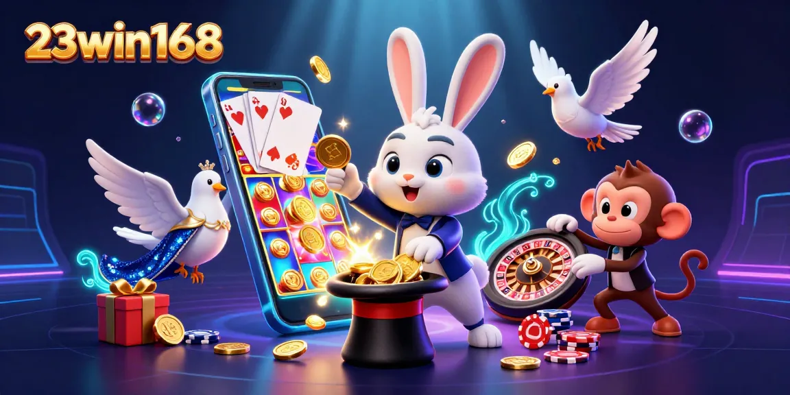 Experience the thrill of gaming at 23win168 with a vibrant 3D casino art featuring slots, chips, and golden coins.