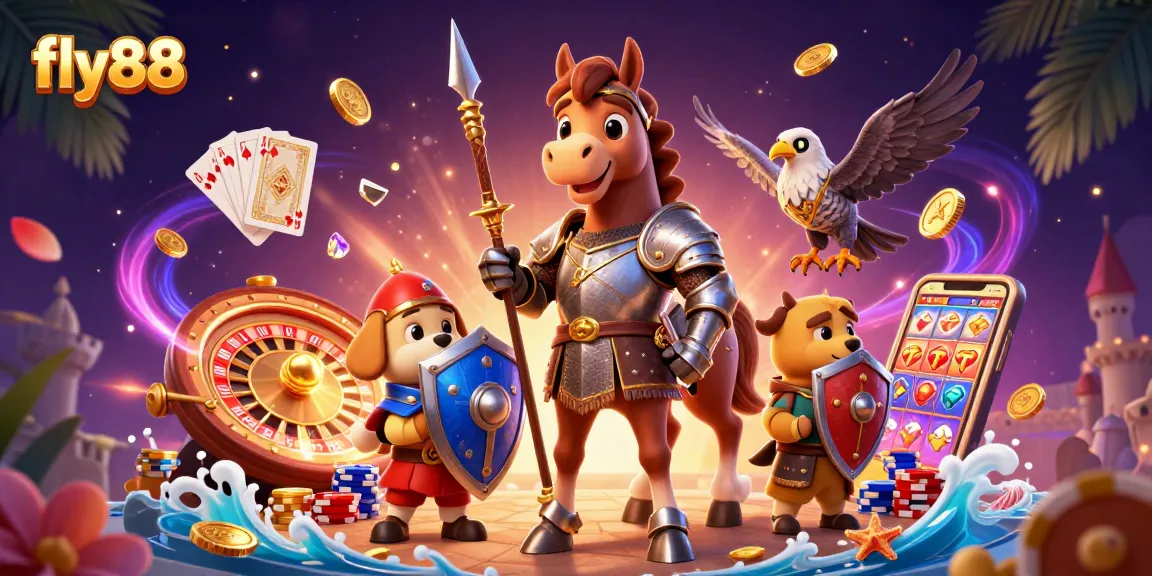 Win big with fly88's thrilling casino experience featuring knights and treasures in a vibrant scene.