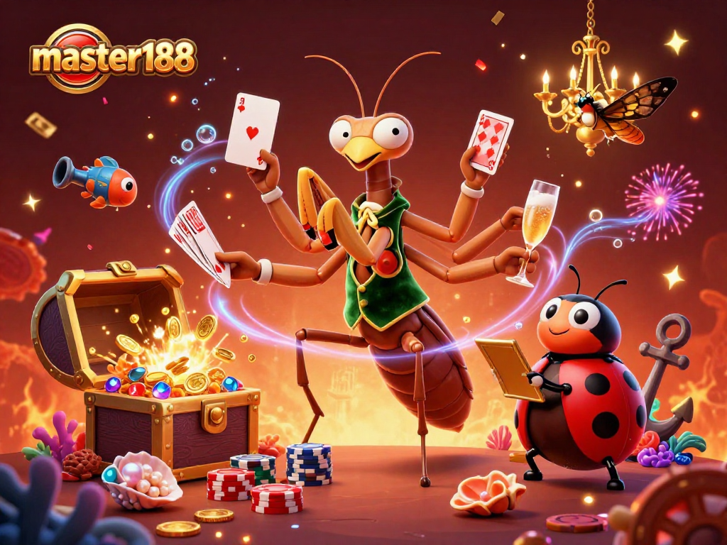 Experience master188 with vibrant gaming action featuring cartoon characters amidst casino riches.