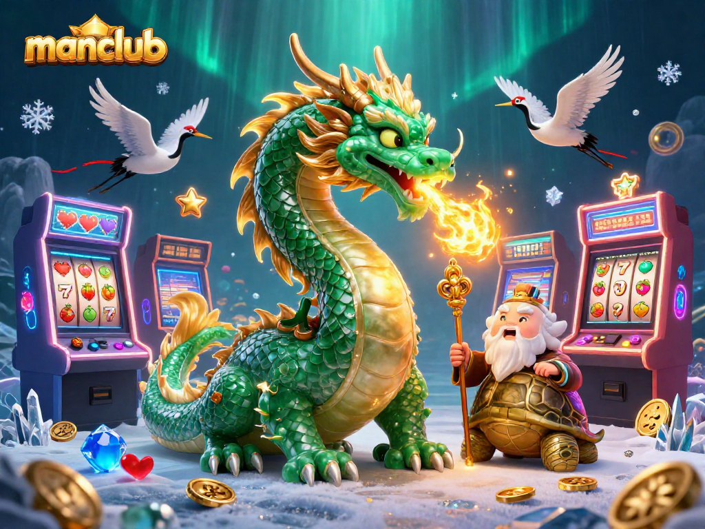 Experience thrilling gameplay in manclub's vibrant casino scene featuring majestic characters and slot machines.