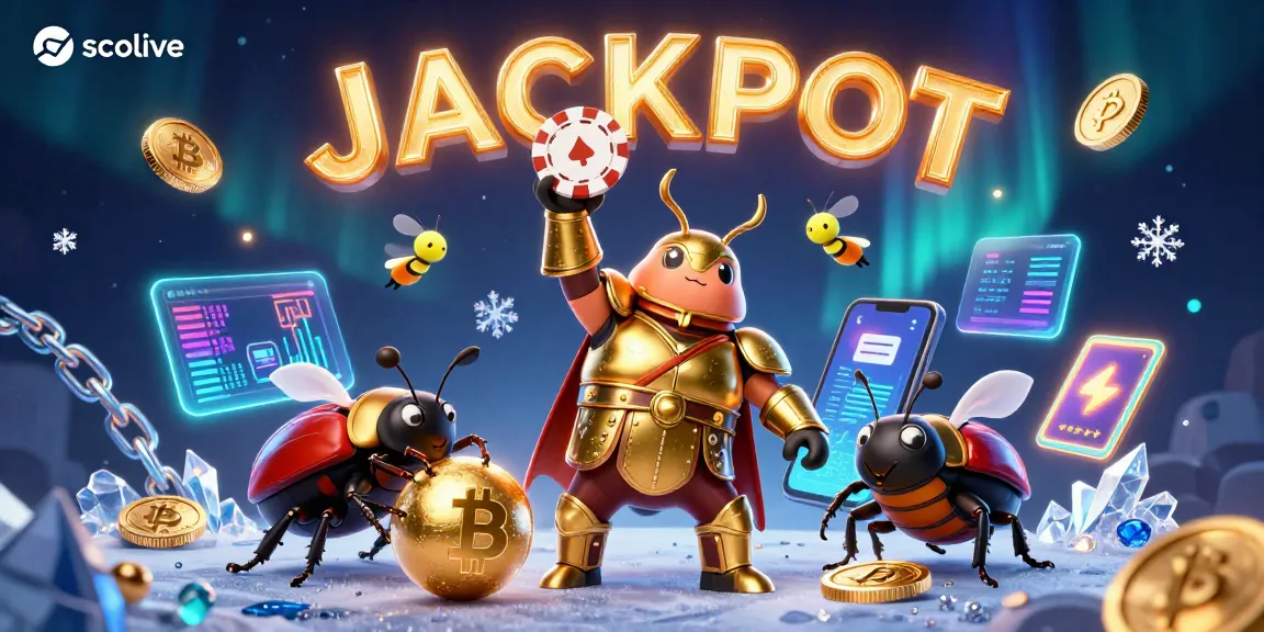 Socolive showcases a triumphant beetle hero with poker chips, thriving in a vibrant casino scene depicting digital gaming.