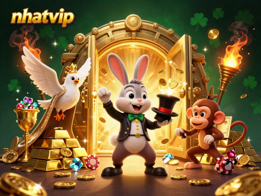 Engaging scene showing Nhatvip's magical online gaming world with a magician rabbit and treasure.