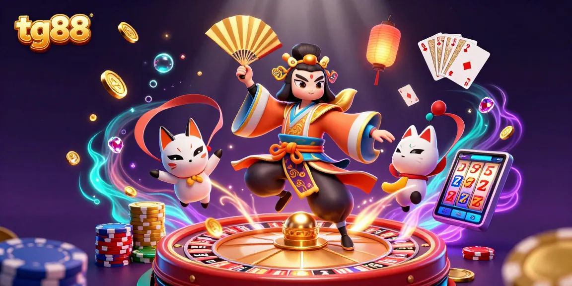 Experience the vibrant casino action of tg88 with a kabuki warrior and glowing gems.