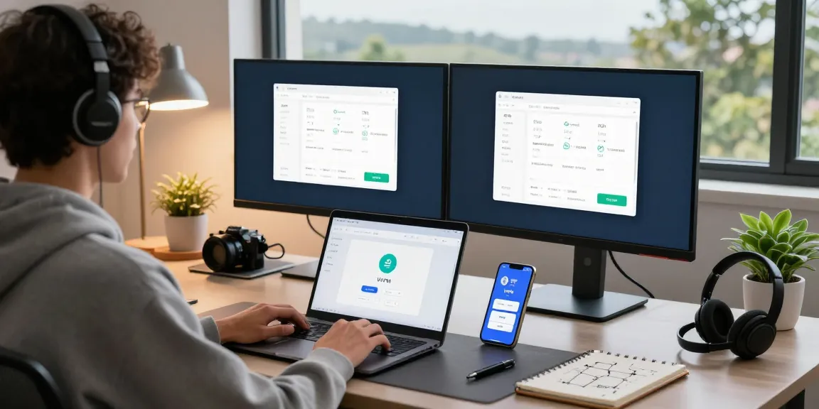 Professional using 快连 VPN app on dual monitors in modern home office.