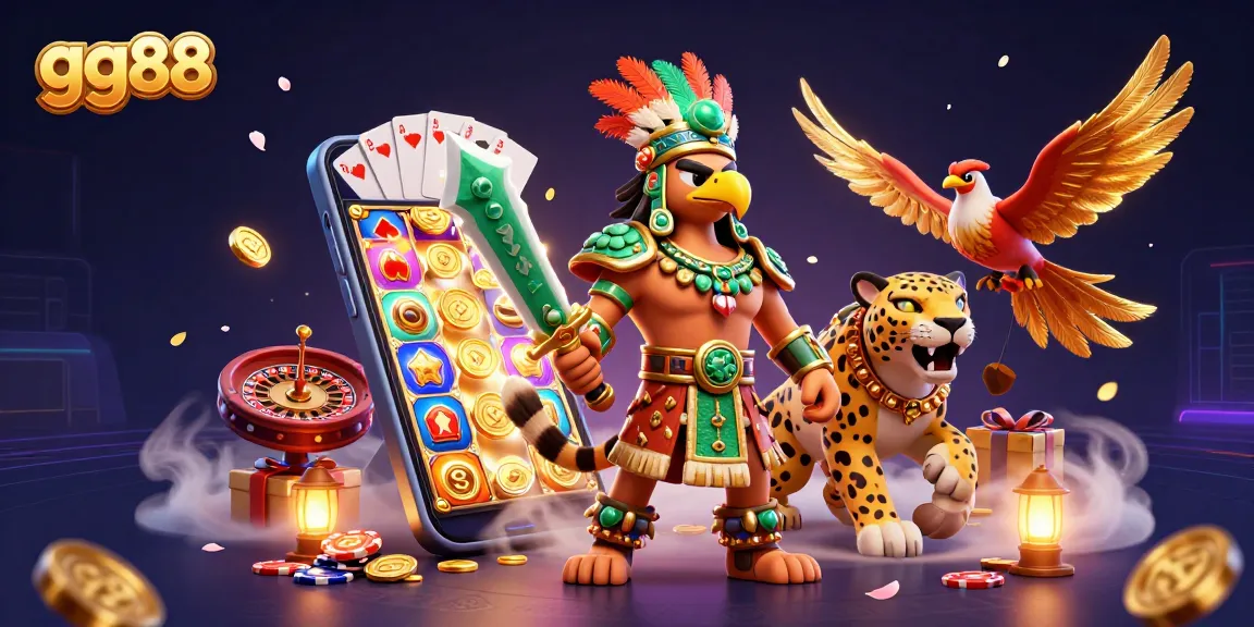 Engage with gg88's thrilling gambling experience, showcasing Aztec warriors and vibrant slots.