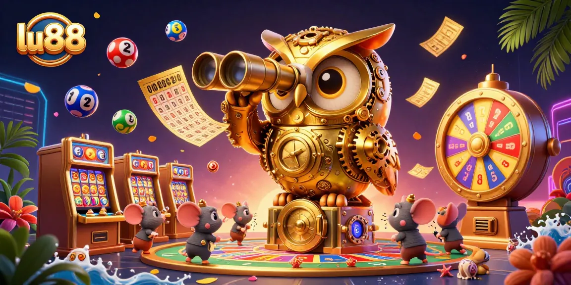 Engage in rich casino experiences at lu88 with a vibrant illustration of a clockwork owl and oversized game elements.
