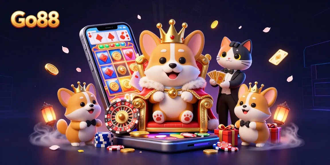 Go88 showcases winning strategies with a royal corgi at a vibrant casino scene.