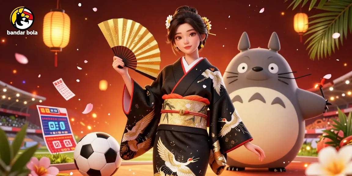 Engage in bandar bola action with an Asian woman in a kimono surrounded by soccer elements and warm lighting.