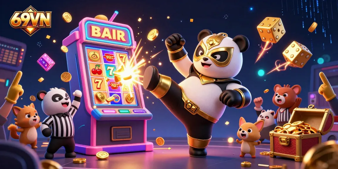 Join the excitement at 69VN with a cartoon panda wrestler and thrilling casino elements in a vibrant scene.