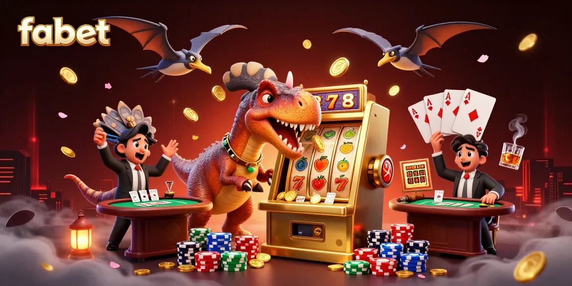 Fabet features a dinosaur hitting a slot machine while coins fly through the air in a busy casino scene.