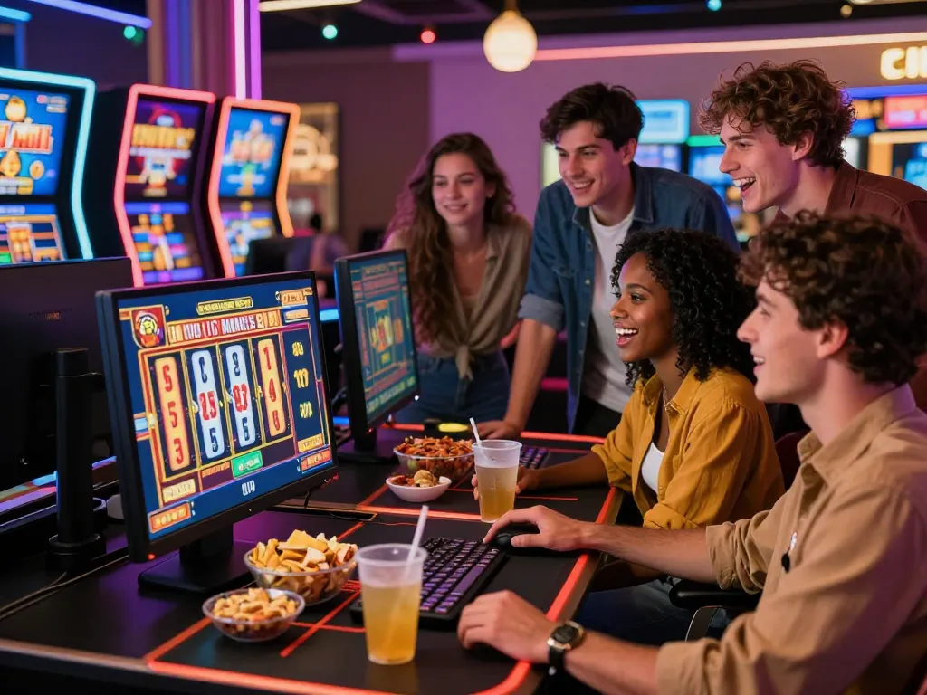 Friends enjoying an exciting game session on MM88 online casino with lively lighting.