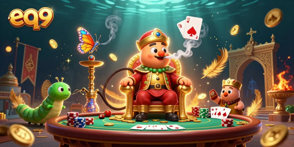 Win big with EQ9 at a vibrant casino scene illustrated with poker hands and dynamic gold coins.