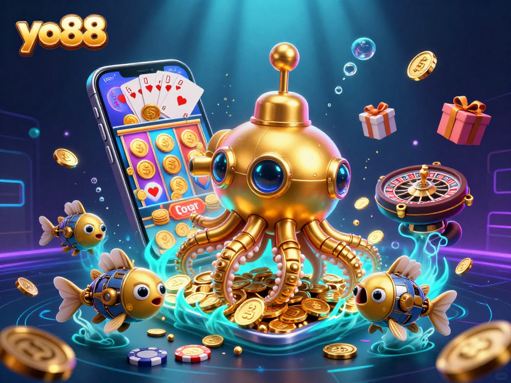 Engage with yo88's thrilling underwater casino scene featuring a kraken submarine and magical game elements.