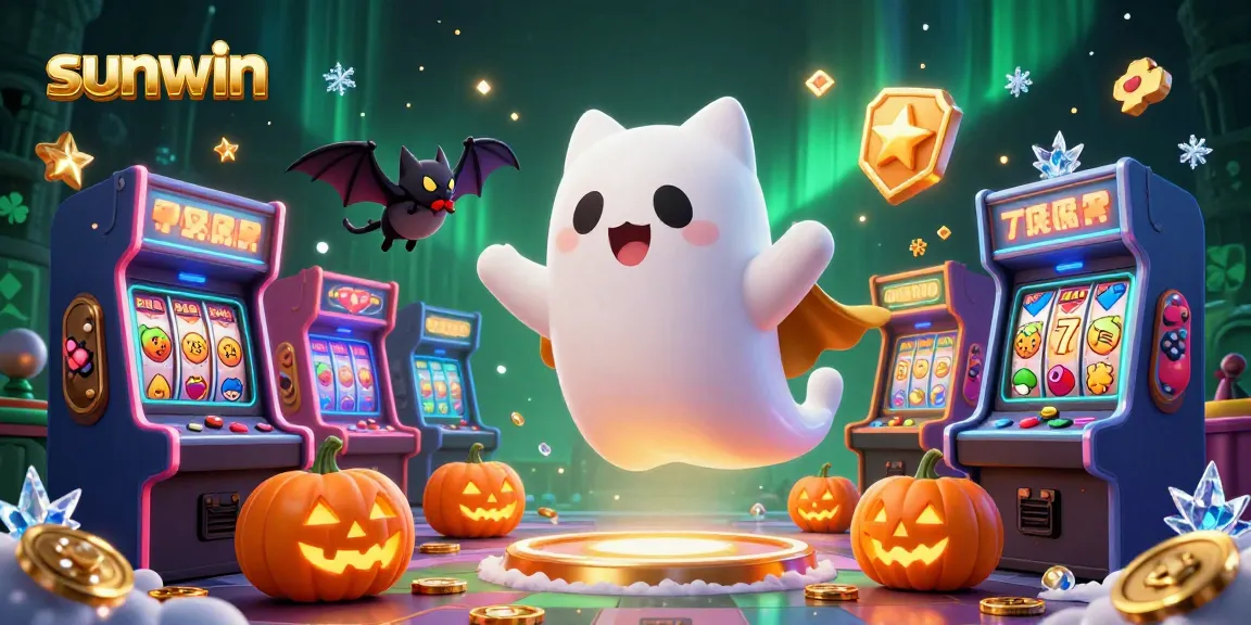 Experience thrilling wins at sunwin with a ghost cat and bat in a haunted casino, surrounded by glowing slot machines.