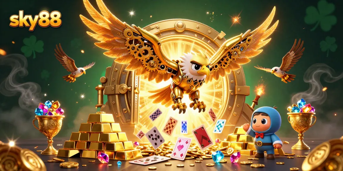 Engage in thrilling gameplay with sky88’s spectacular casino action featuring animated gold and vibrant cards.