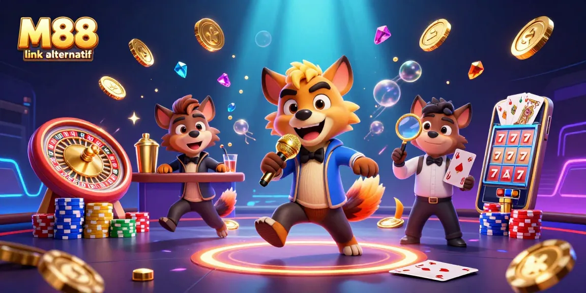 Engage with M88 link alternatif featuring a cartoon hyena comedy casino scene with vibrant gaming elements.