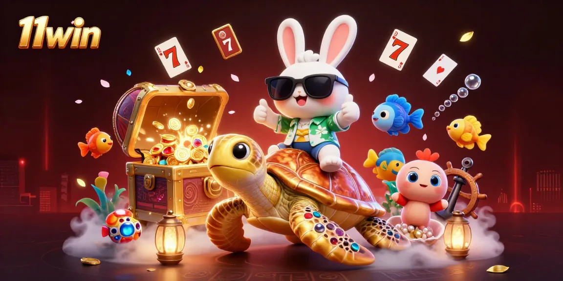 Get lucky at 11win with this vibrant 3D casino scene featuring a rabbit and a turtle.